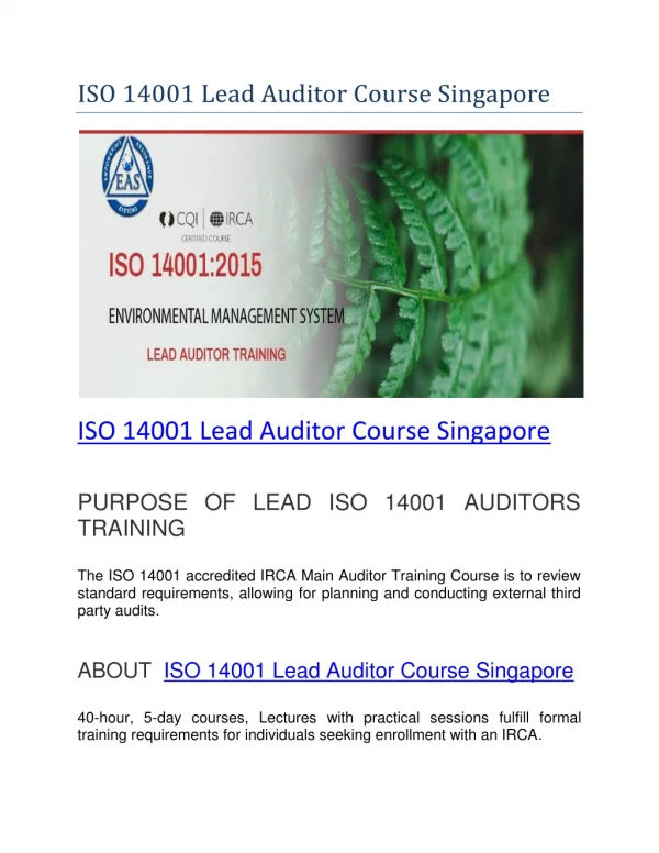 IRCA ISO 14001 Lead Auditor Training Course in Singapore