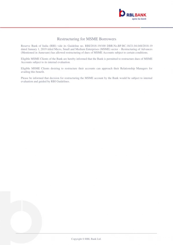 MSME Loan Restructuring | RBL Bank