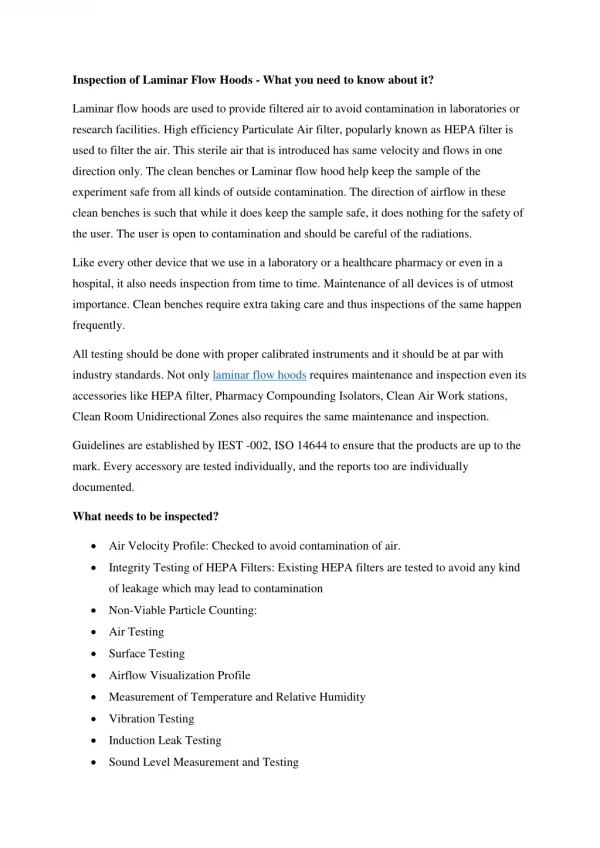 Inspection of Laminar Flow Hoods - What you need to know about it?