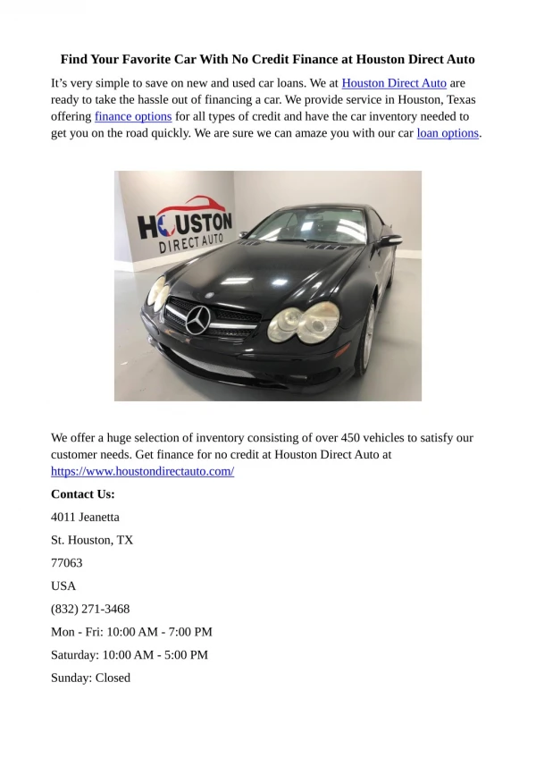 Find Your Favorite Car With No Credit Finance at Houston Direct Auto