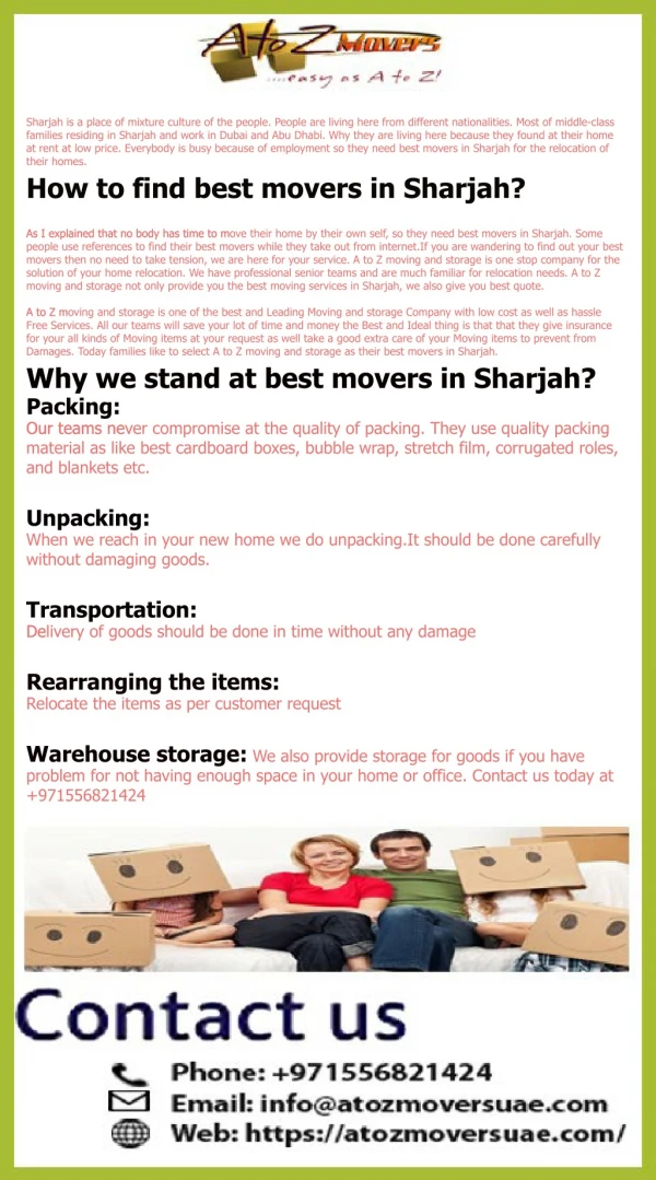 Select best movers in Sharjah with A to Z Moving and storage