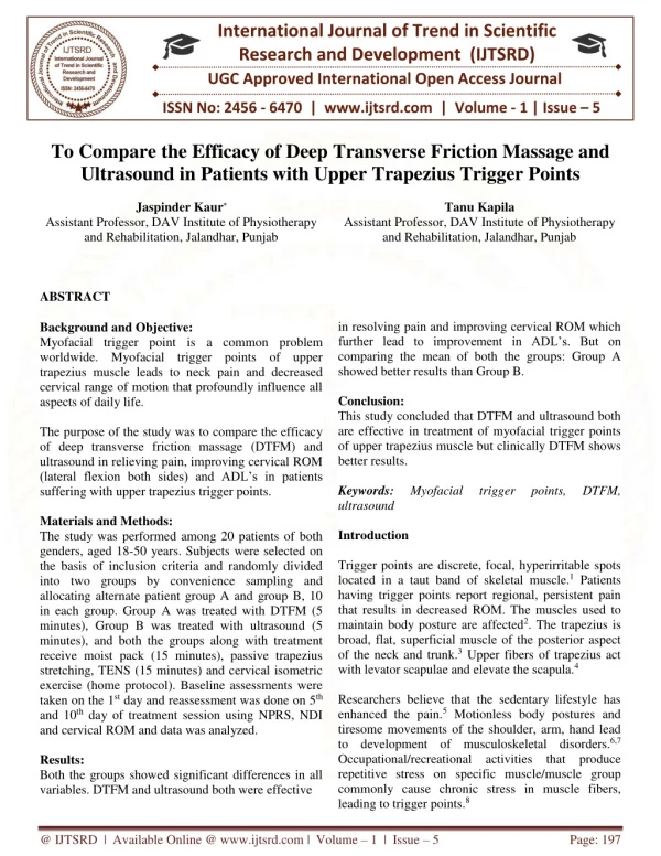 To Compare the Efficacy of Deep Transverse Friction Massage and Ultrasound in Patients with Upper Trapezius Trigger Poin