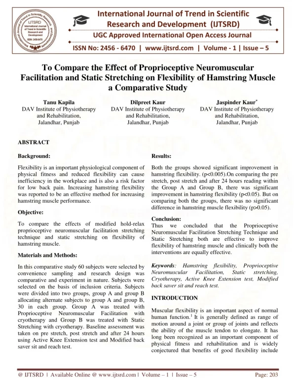 To Compare The Effect Of Proprioceptive Neuromuscular Facilitation and Static Stretching on Flexibility of Hamstring Mus