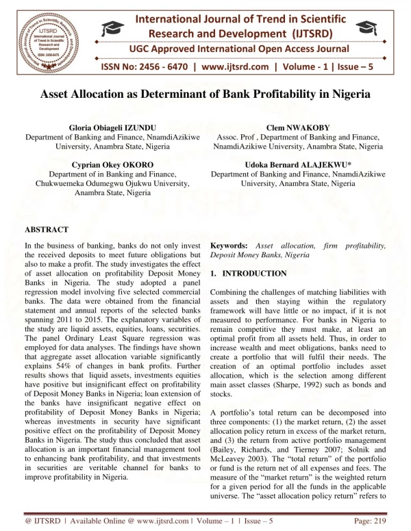 Asset Allocation as Determinant of Bank Profitability in Nigeria