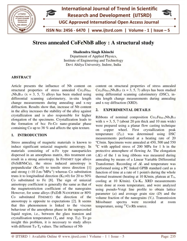 Stress Annealed CoFeNbB Alloy A Structural Study