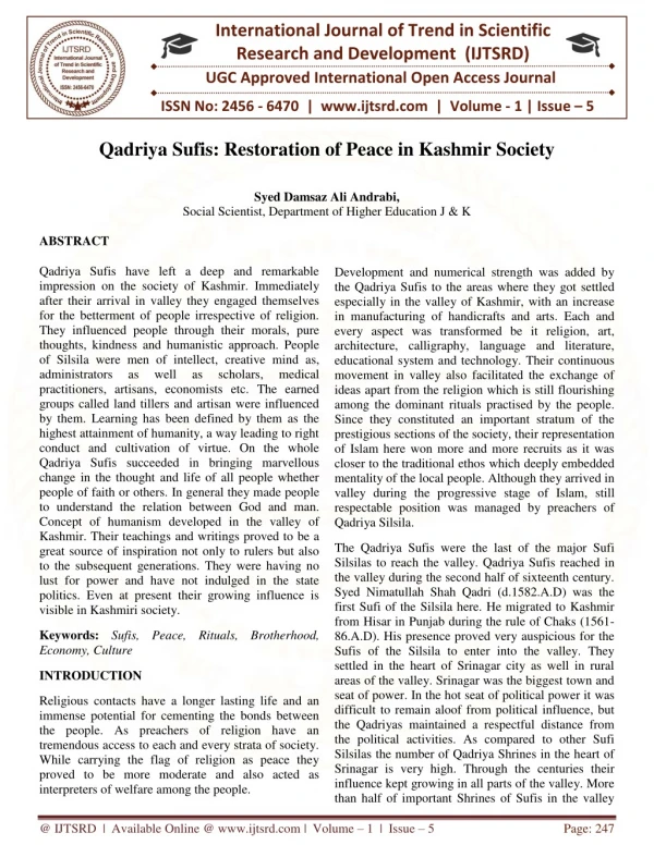 Qadriya Sufis Restoration of Peace in Kashmir Society