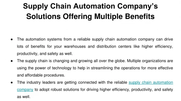 Supply Chain Automation Company’s Solutions Offering Multiple Benefits