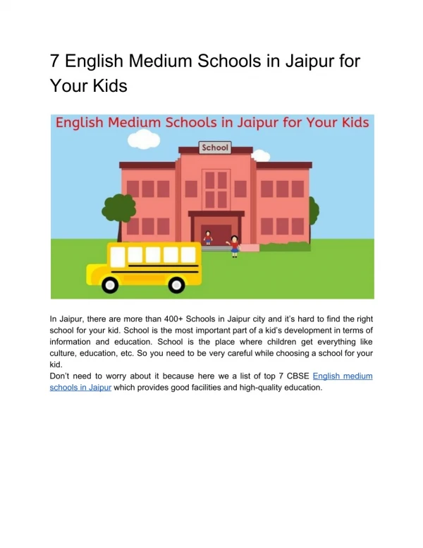 7 English Medium Schools in Jaipur for Your Kids