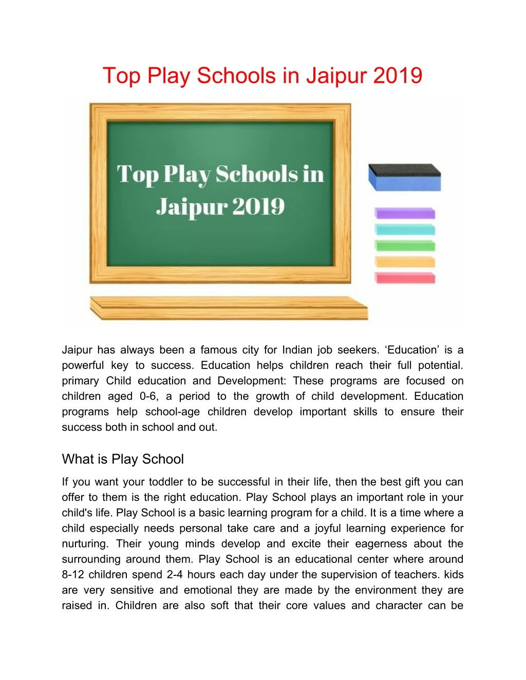 top play schools in jaipur 2019