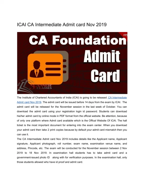 ICAI CA Intermediate Admit card Nov 2019