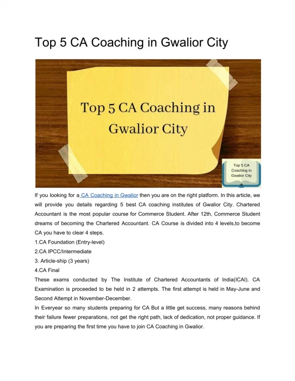Top 5 CA Coaching in Gwalior City