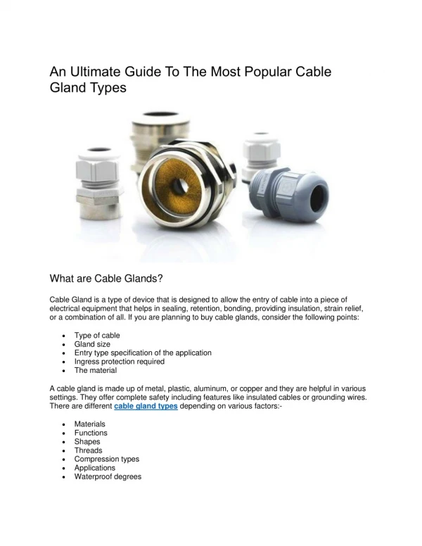 An Ultimate Guide To The Most Popular Cable Gland Types