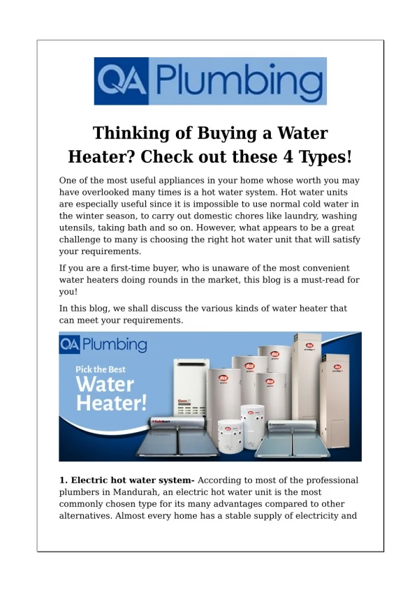 Thinking of Buying a Water Heater? Check out these 4 Types!