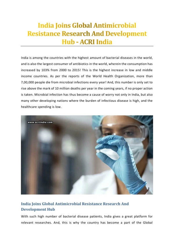 India Joins Global Antimicrobial Resistance Research And Development Hub - ACRI India