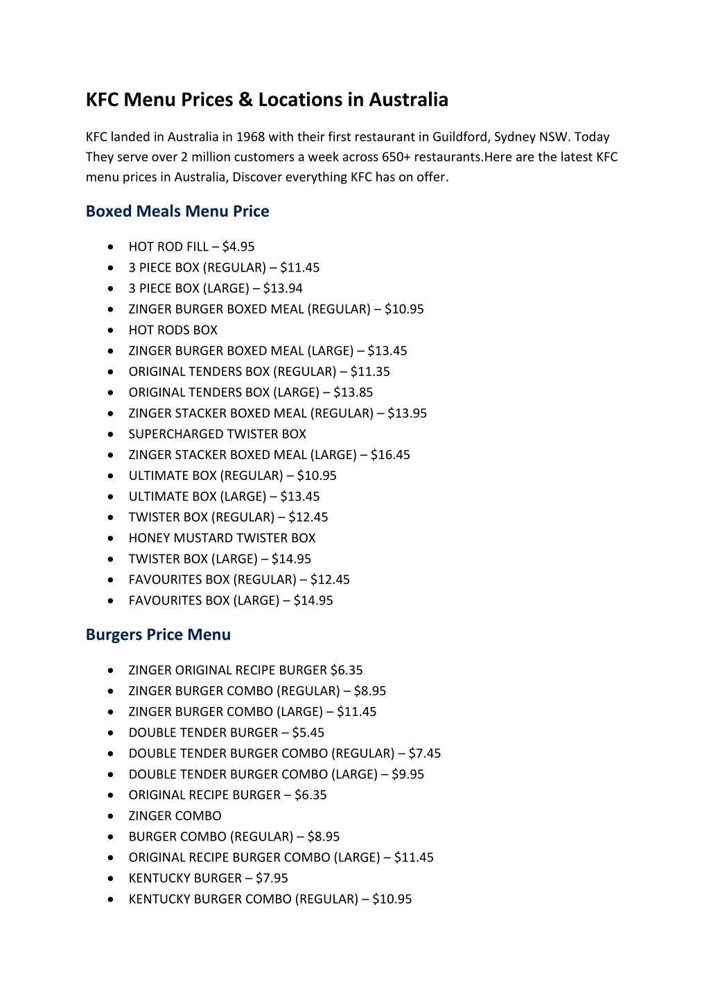 kfc menu prices locations in australia