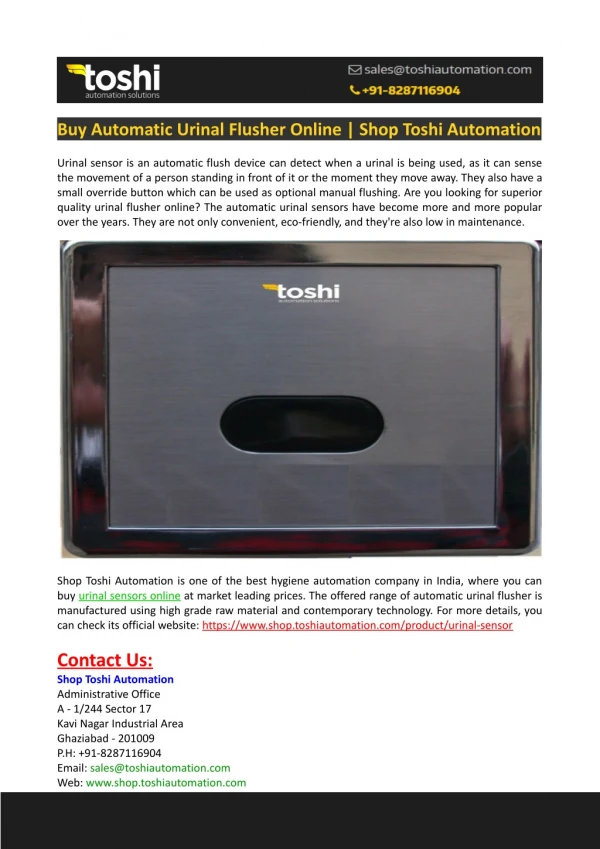 Buy Automatic Urinal Flusher Online-Shop Toshi Automation