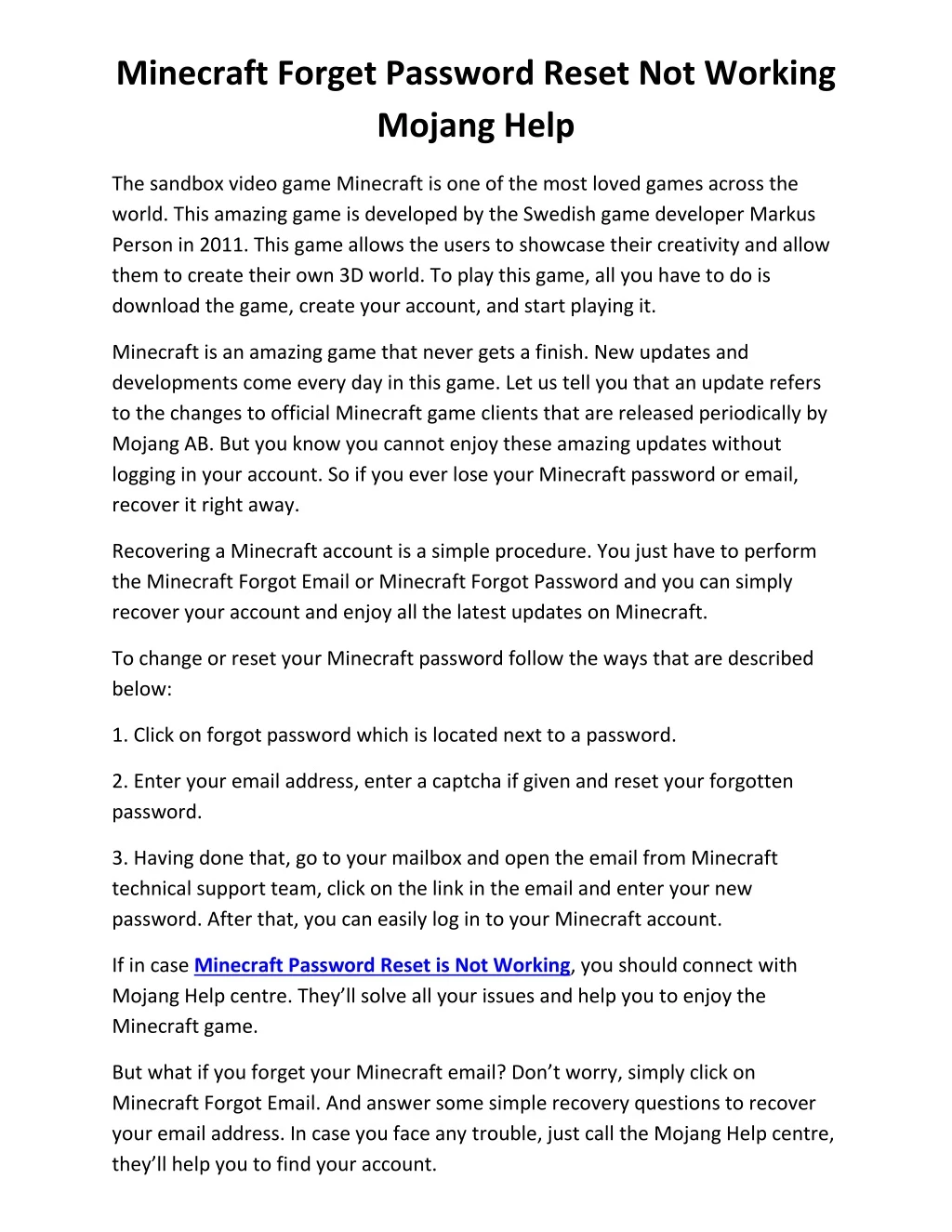 minecraft forget password reset not working