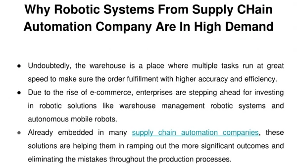 Why Robotic Systems From Supply CHain Automation COmpany Are In High Demand