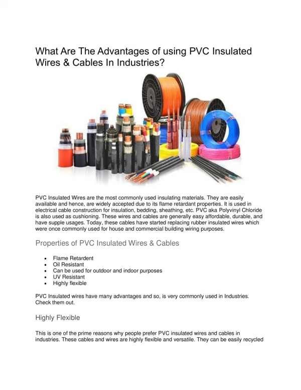 What Are The Advantages of using PVC Insulated Wires & Cables In Industries?