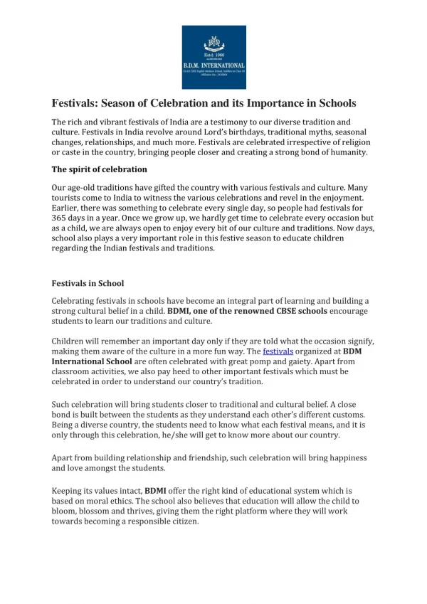 Festivals: Season of Celebration and its Importance in Schools