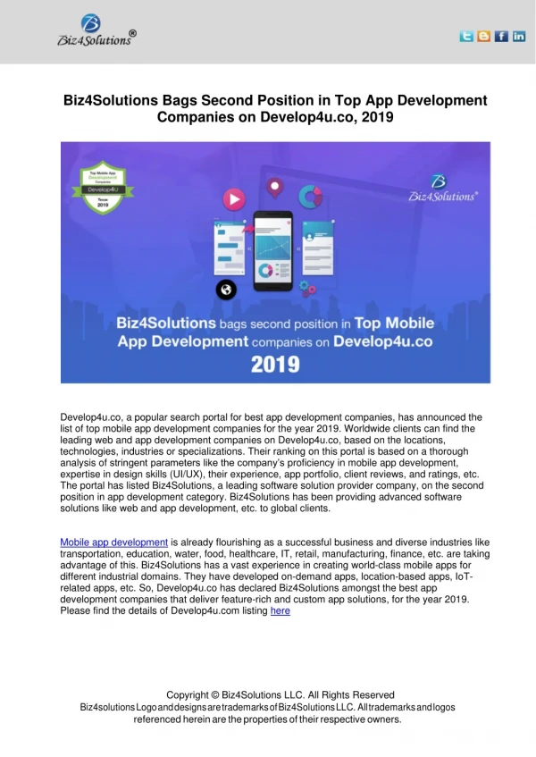 Biz4Solutions bags Second Position in Top app development Companies on Develop4u.co