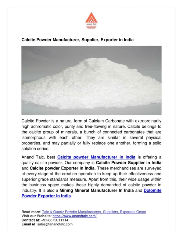 Calcite Powder Manufacturer, Supplier, Exporter in India