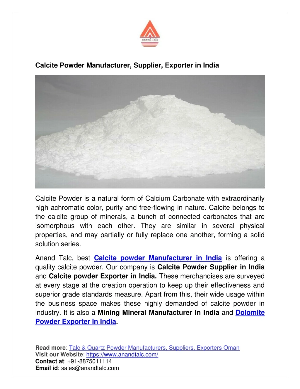 calcite powder manufacturer supplier exporter