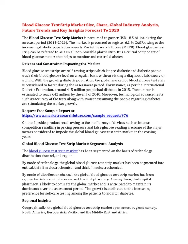 Blood Glucose Test Strip Market Size, Share, Global Industry Analysis, Future Trends and Key Insights Forecast To 2020