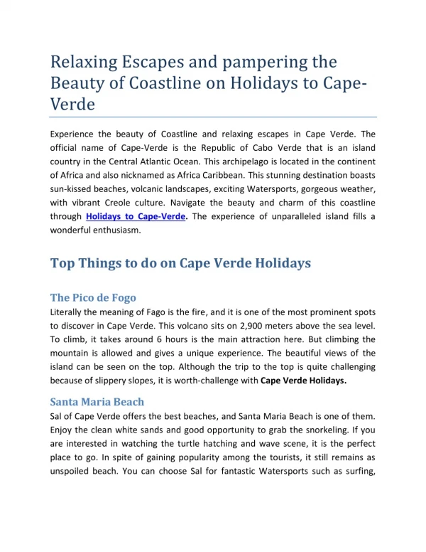 Relaxing Escapes and pampering the Beauty of Coastline on Holidays to Cape-Verde