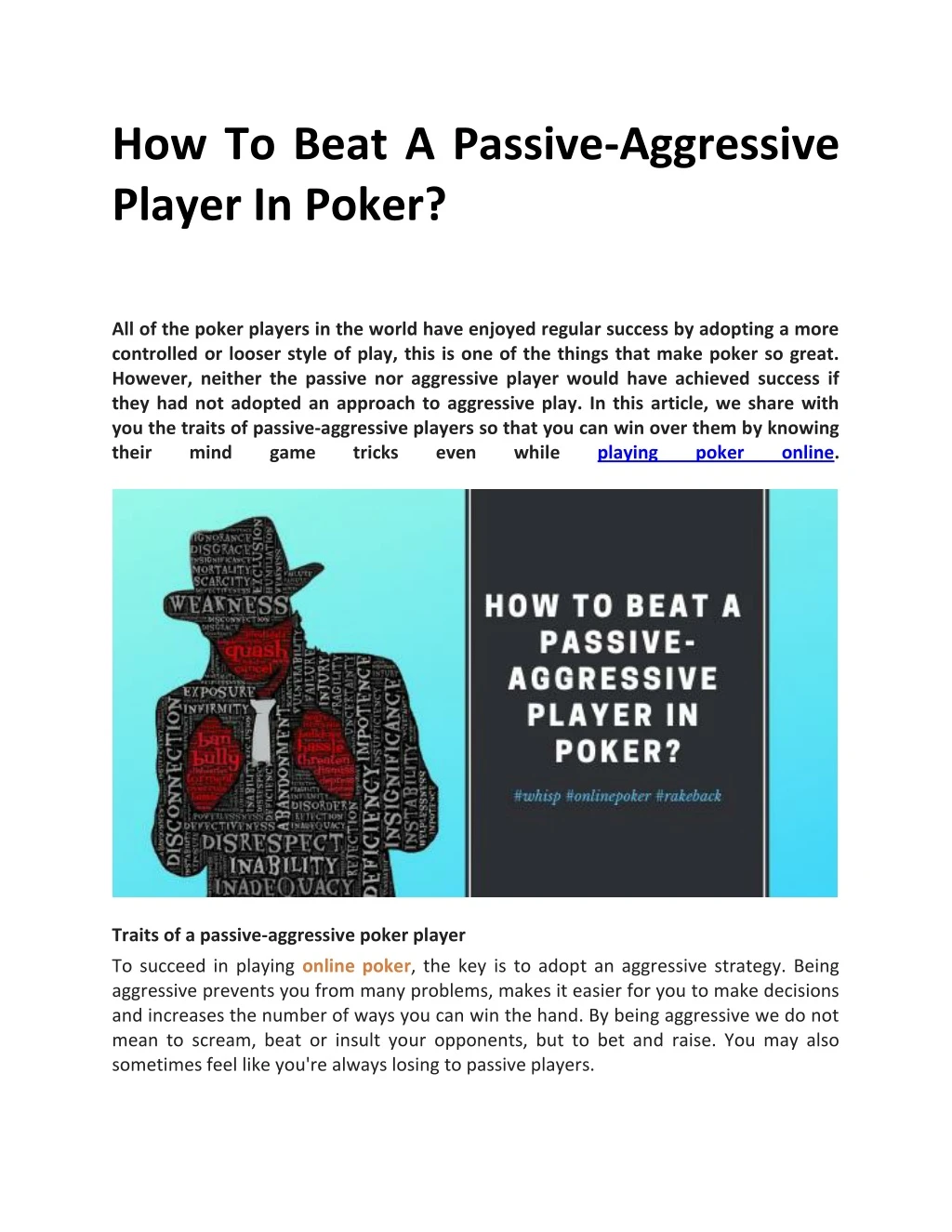 how to beat a passive aggressive player in poker