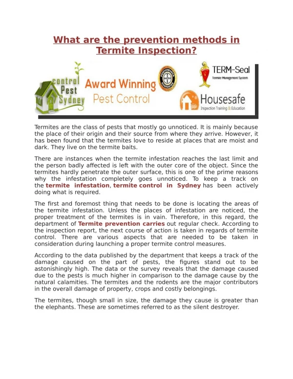 What are the prevention methods in Termite Inspection ?