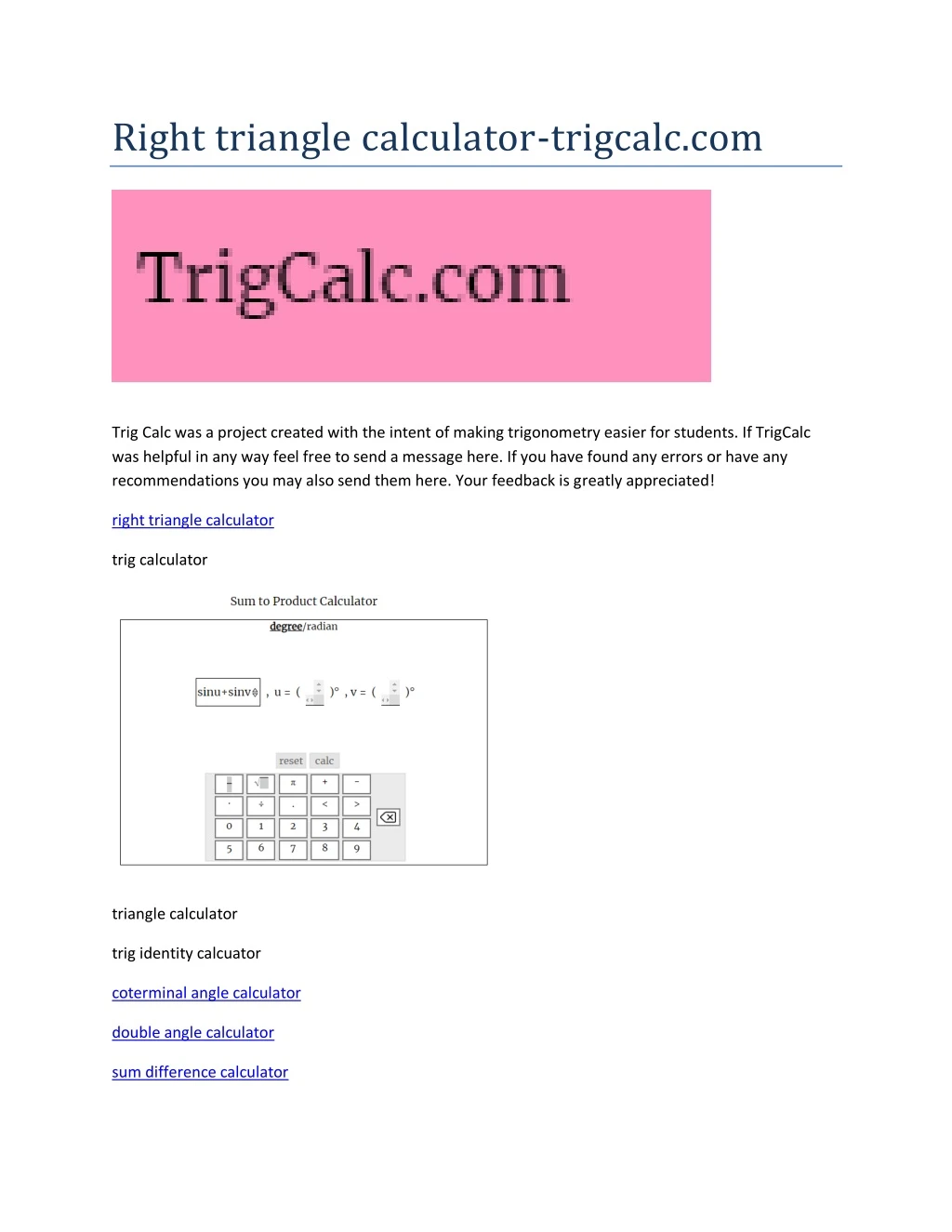 right triangle calculator trigcalc com