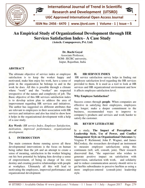 An Empirical Study of Organizational Development through HR Services Satisfaction Index- A Case Study