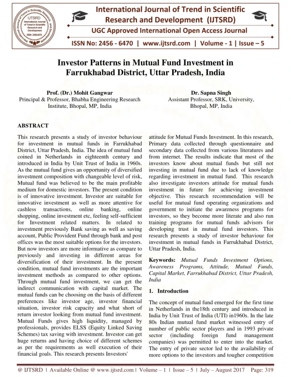 Investor Patterns in Mutual Fund Investment in Farrukhabad District, Uttar Pradesh, India