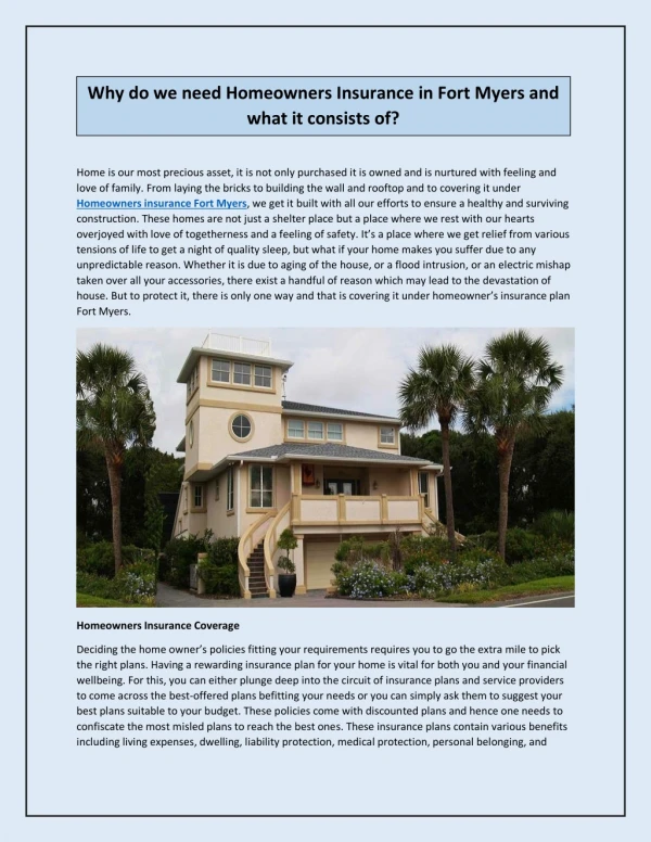 Why do we need Homeowners Insurance in Fort Myers and what it consists of?