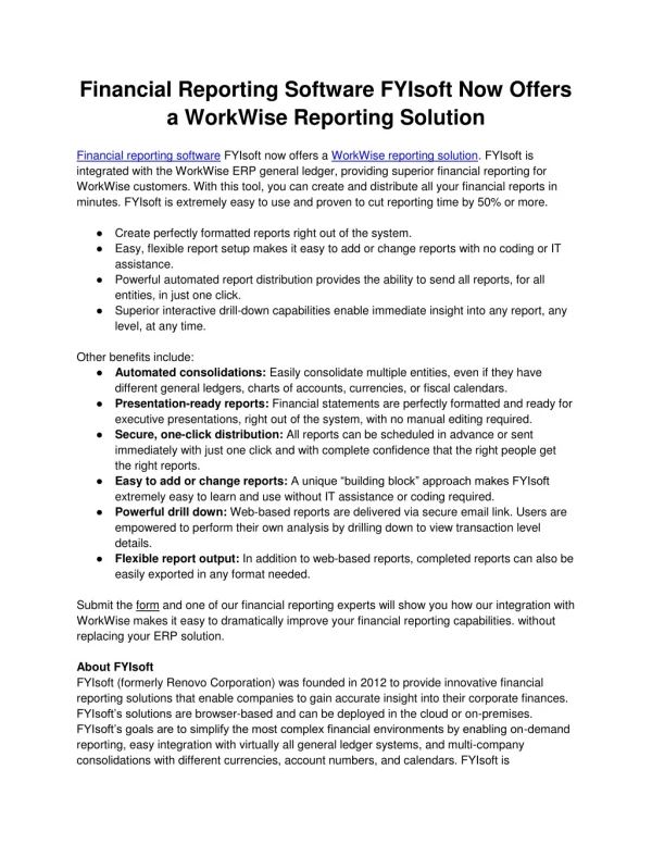 Financial Reporting Software FYIsoft Now Offers a WorkWise Reporting Solution