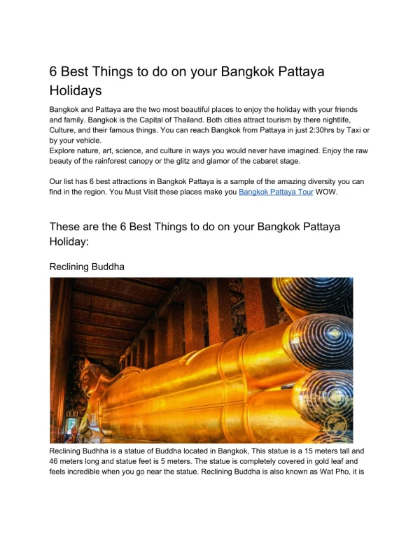 6 Best Things to do on your Bangkok Pattaya Holidays