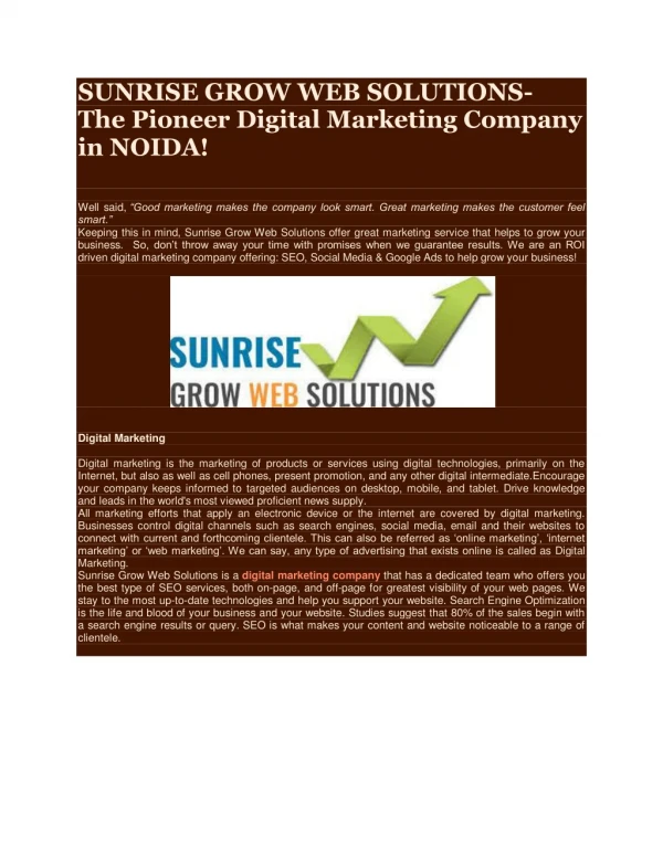 SUNRISE GROW WEB SOLUTIONS- The Pioneer Digital Marketing Company in NOIDA!