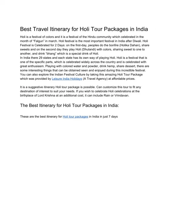 Best Travel Itinerary for Holi tour packages in India