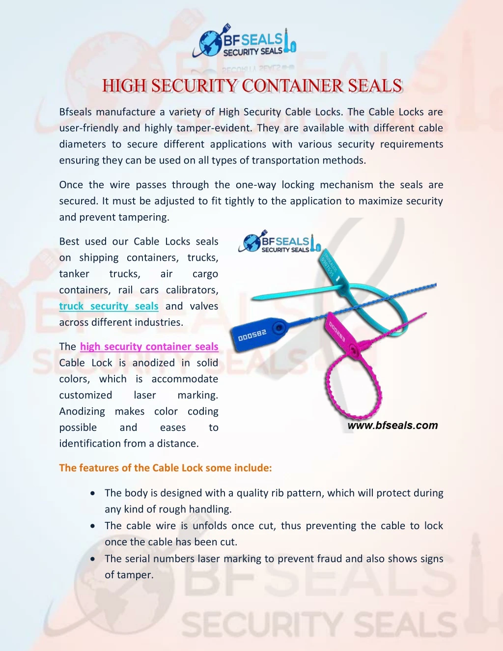 bfseals manufacture a variety of high security