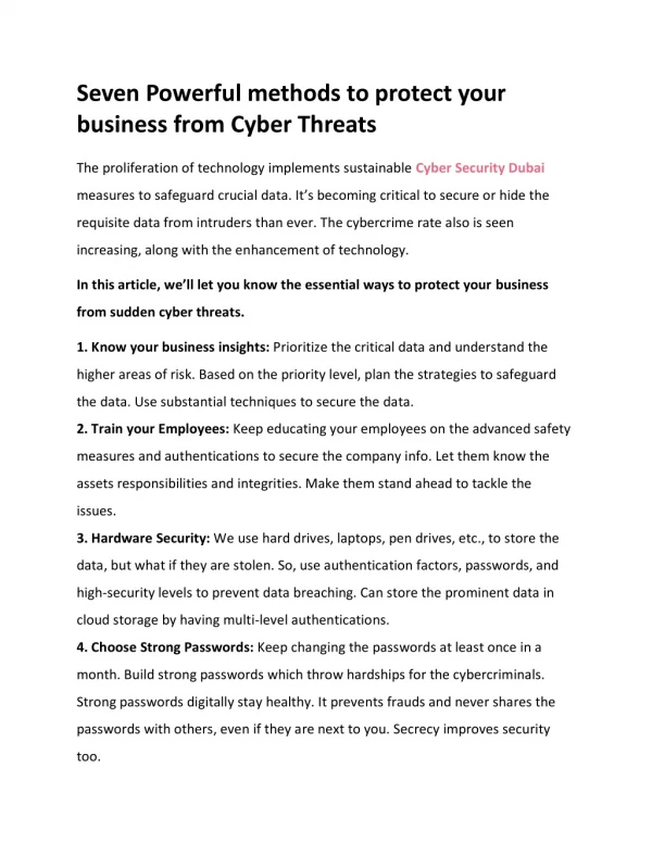 Seven Powerful methods to protect your business from Cyber Threats