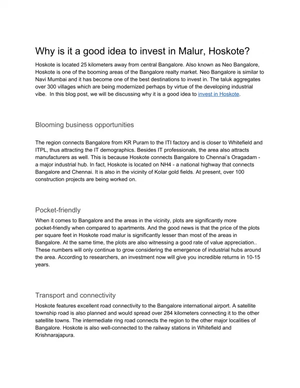 Why is it a good idea to invest in Malur, Hoskote?