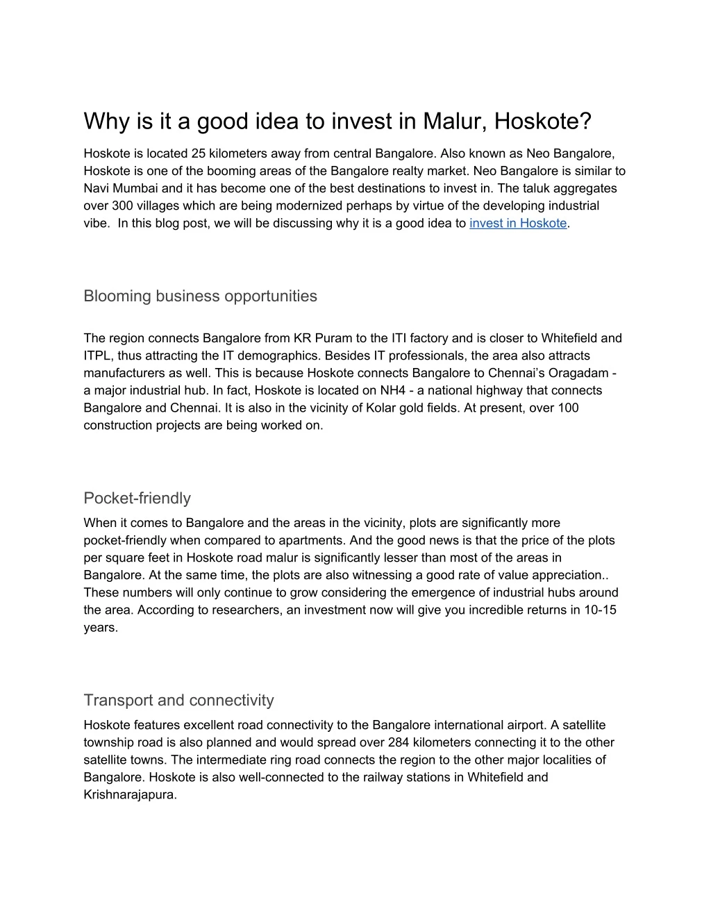 why is it a good idea to invest in malur hoskote
