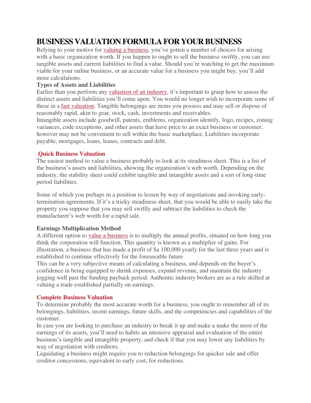 business valuation formula for your business