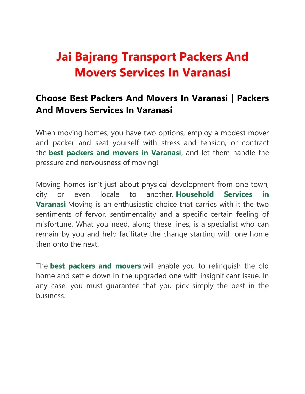 jai bajrang transport packers and movers services