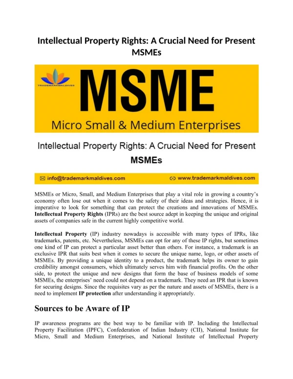 Intellectual Property Rights: A Crucial Need for Present MSMEs