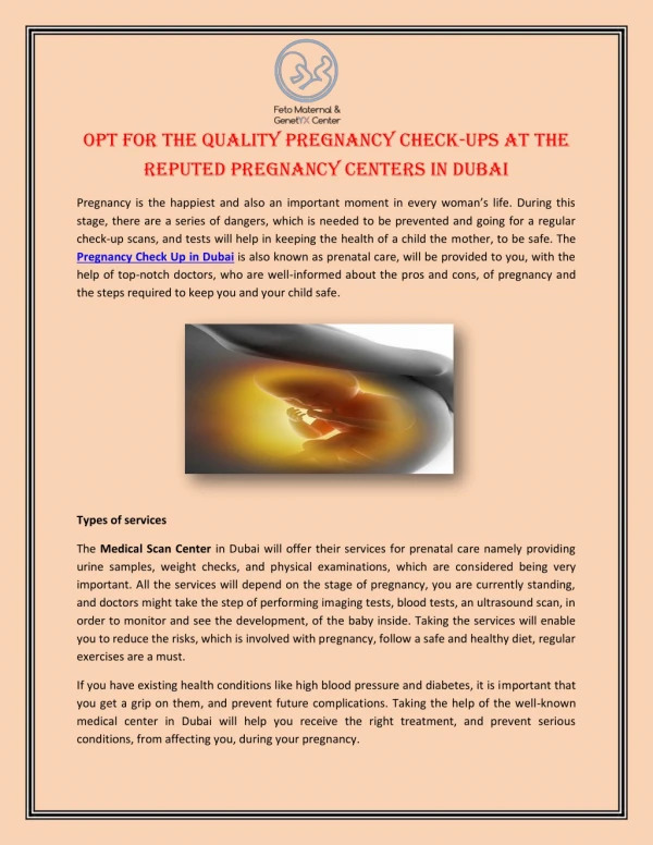 Opt For The Quality Pregnancy Check-Ups At The Reputed Pregnancy Centers In Dubai