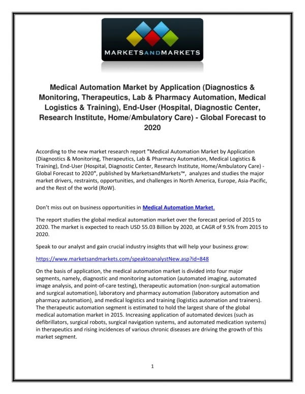Medical Automation Market size, Growth, Forecast