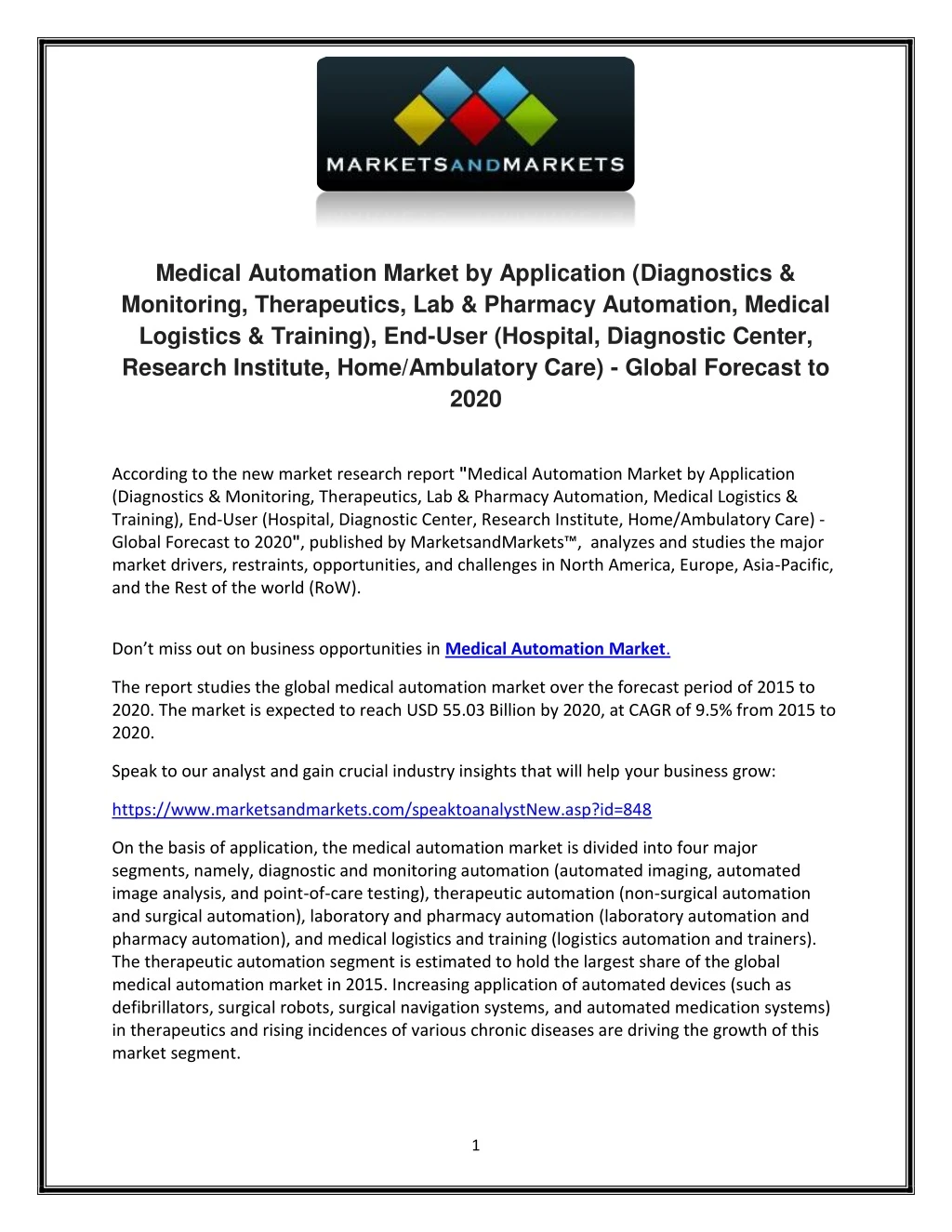 medical automation market by application