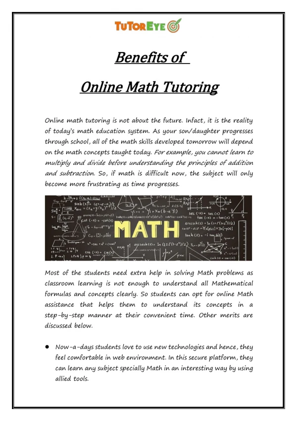 Benefits of Online Math Tutoring